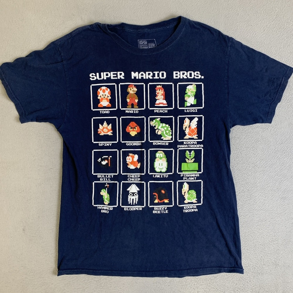 Super Mario Bros T-Shirt Men's Size Medium 16 Character Pixel Grid Boxes Graphic